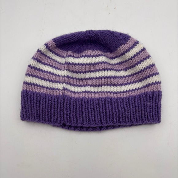 Accessories - Hand Knit Beanie Hat Purple Lavender White Striped Cozy Winter Warm Women
